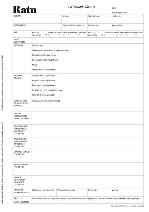 Työmaapäiväkirja (A4, 3-osainen itsejäljentävä, 25 kpl/nide)