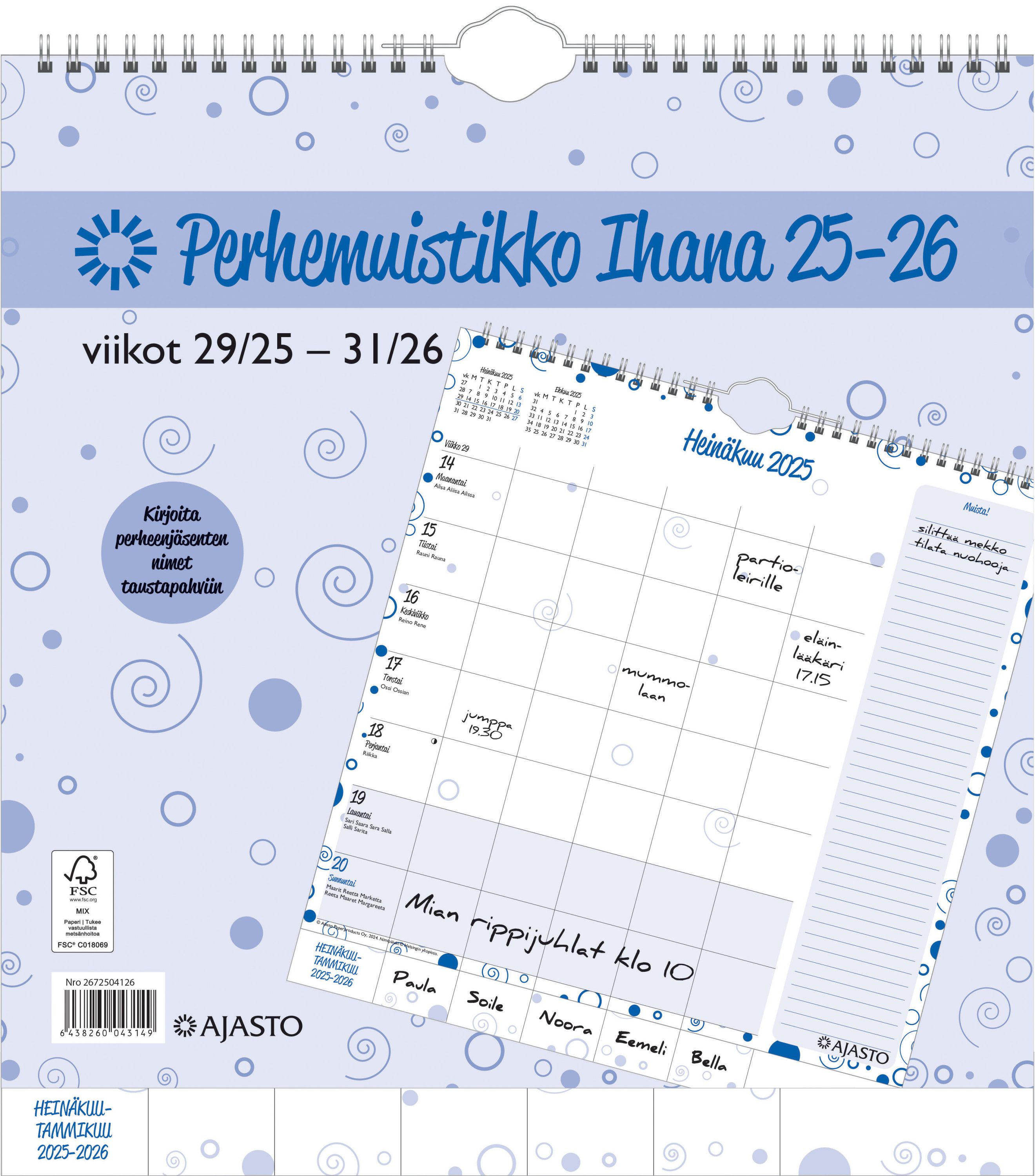 Perhemuistikko Ihana 290x290 2025-2026 (lukuvuosikalenteri)