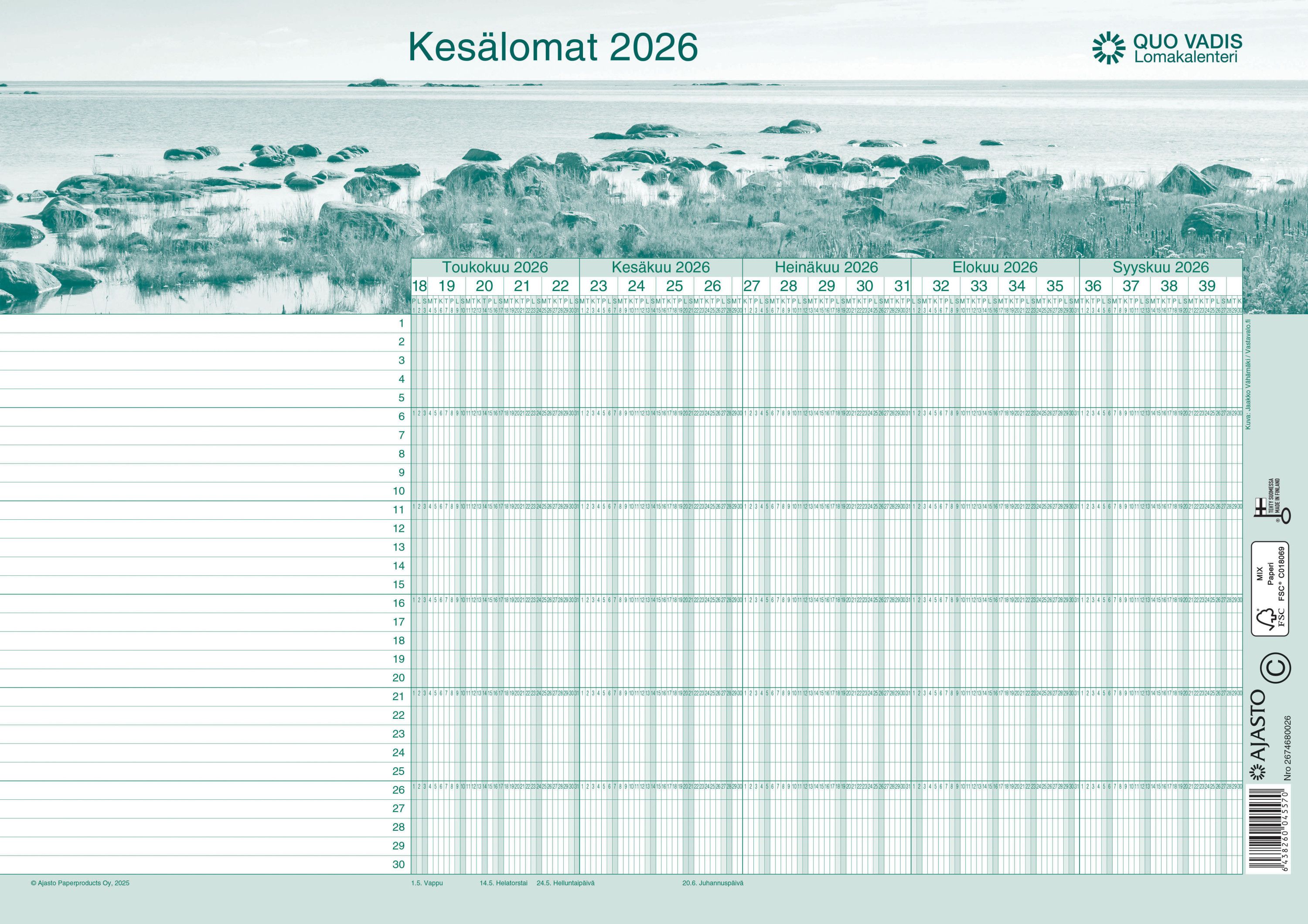 Quo Vadis -lomakalenteri 2026-2027